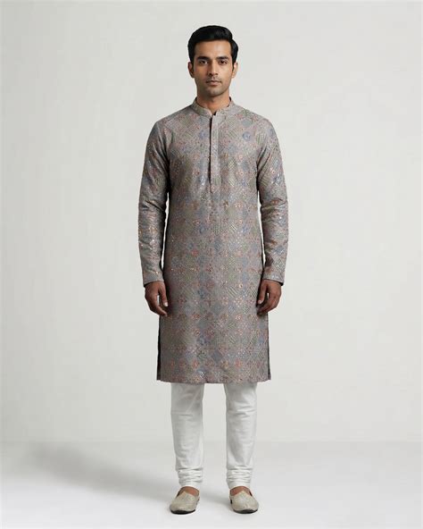 Grey Handwoven Chiffon Embroidered Kurta – Gaurang
