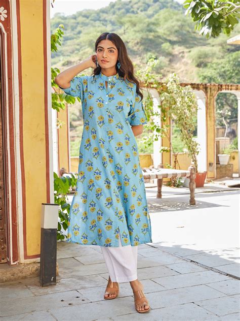 Cotton Women's Blue-Yellow Floral Long Kurti