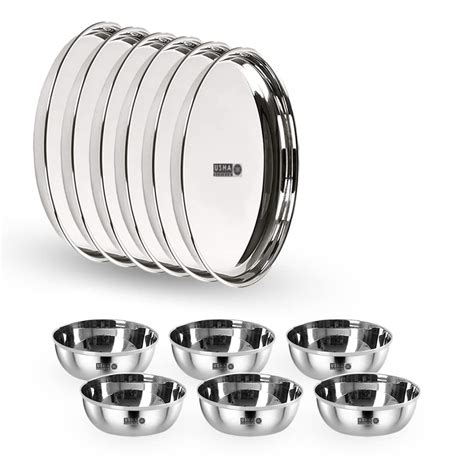 USHA SHRIRAM Stainless Steel Plate Bowl Set (12Pcs)| Blunt Edges, Deep ...