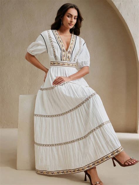 Anewsta Women's White Boho Maxi Dress Elegant Deep V-Neck Woven Tiered ...