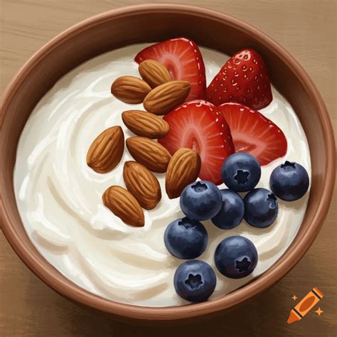 Bowl of Greek yogurt with almonds, strawberries, and blueberries on Craiyon