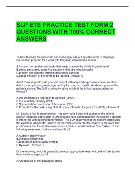 SLP ETS PRACTICE TEST FORM 2 QUESTIONS WITH 100% CORRECT ANSWERS - SLP ...