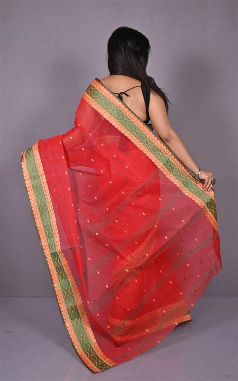 Thread Nakshi Woven Work Bengal Tangail Hazar Butti Cotton Saree in Re ...