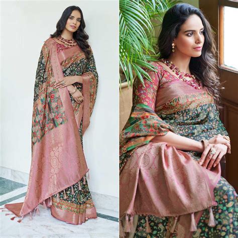 Black Floral Digital Printed With Woven Border Art Silk Saree