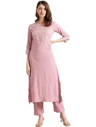 Buy Varanga Women’s Mauve Straight Kurta with Gota Lace, Round Neckline ...