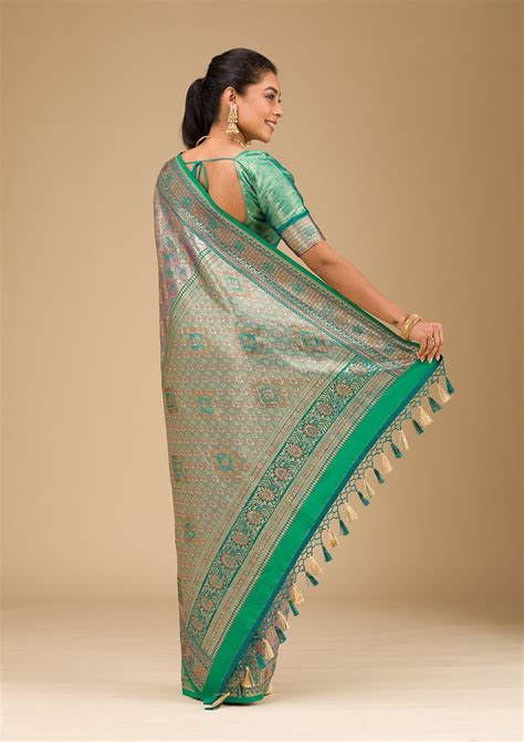 Buy Rama Green Swarovski Raw Silk Saree - Koskii
