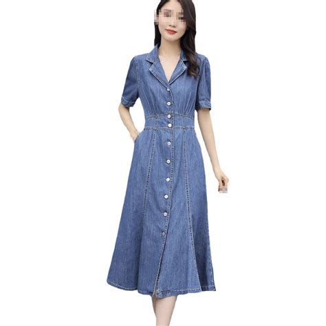 Women's Midi Denim Dress Single Breasted High Waist Jeans Dresses ...