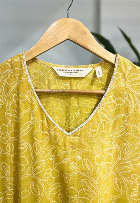 Aarti Mustard Hand Block Print Slub Cotton A Line Kurta with Hand Embr ...