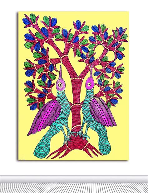 Tamatina Gond Art Canvas Painting | Beautiful Birds | Traditional Art ...