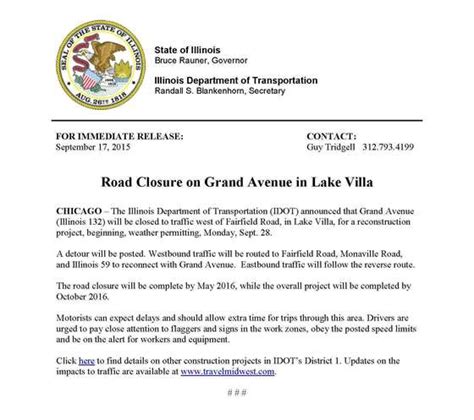 IDOT Road Closure on Grand Avenue in Lake Villa