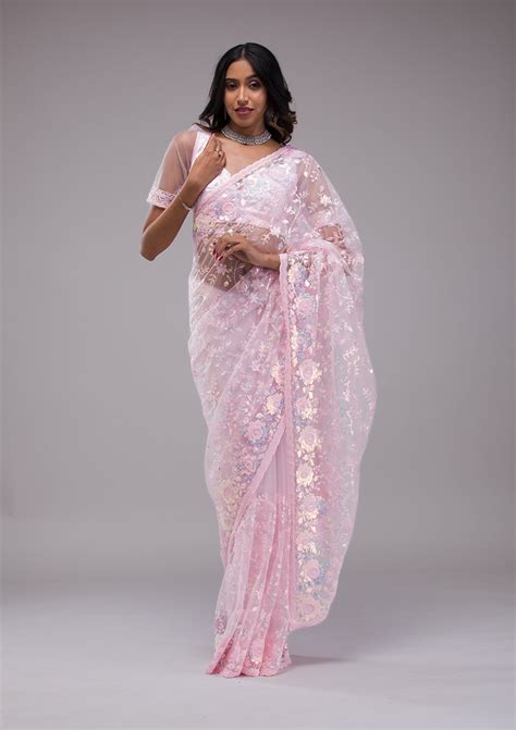 Buy Baby Pink Sequins Tissue Saree - Koskii
