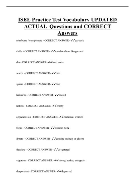ISEE Practice Test Vocabulary UPDATED Questions and CORRECT Answers ...