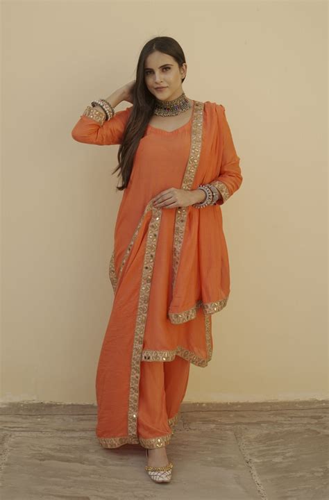 Kalista Orange Mirror Lace Muslin Straight Kurta Set With Dupatta ...