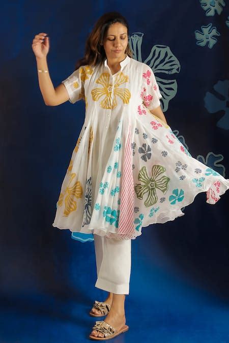 Buy White Pure Cotton Muslin Block Print Shiuli Mandarin Collar Dress ...