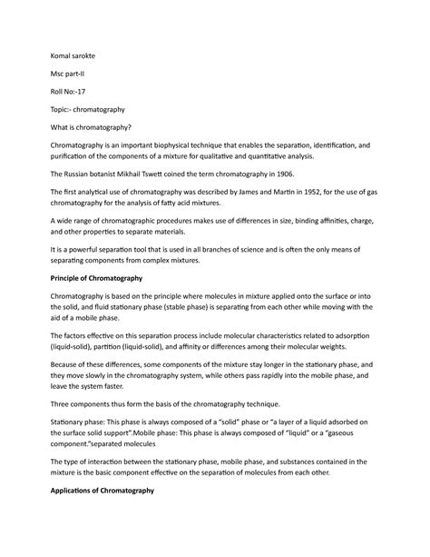 Chromatography - Komal sarokte Msc part-II Roll No:- Topic ...
