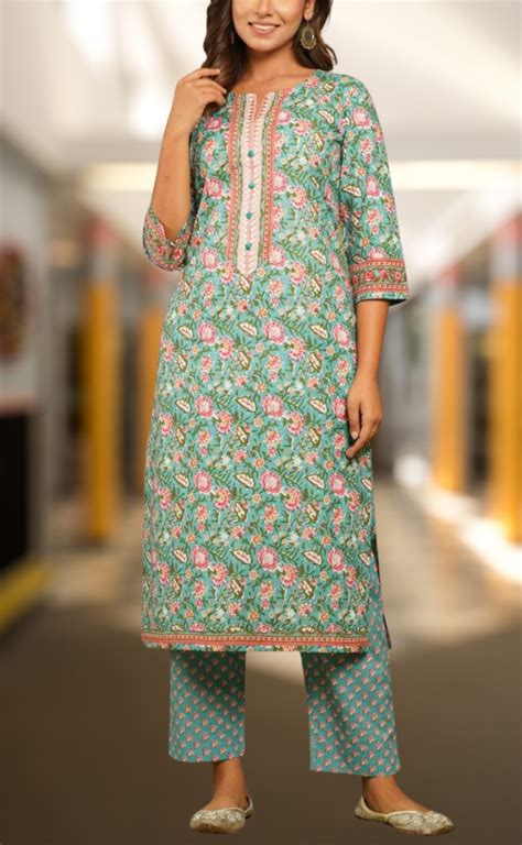 Sea Green/Pink Floral Kurti With Pant Set.Pure Versatile Cotton. | Lac ...