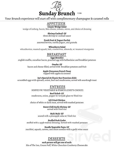 Menu for Lake Elmo Inn in Lake Elmo, MN | Sirved