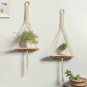 RAKANO Macrame Wall Shelf Pure Cotton Cord Pine Wooden Hanging Floating ...