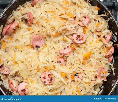 Stewed Cabbage with Sausages in a Frying Pan Stock Image - Image of ...