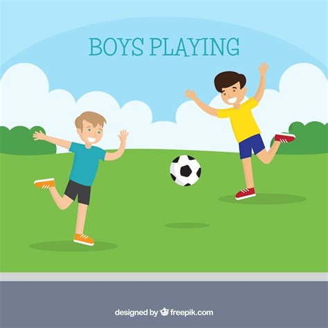 Vlakke achtergrond van gelukkige jongen voetballen | Gratis Vector