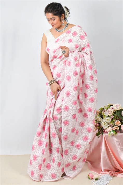 Fabnuma Handcrafted Baby Pink Kota Cotton Lucknowi Chikankari Saree wi ...