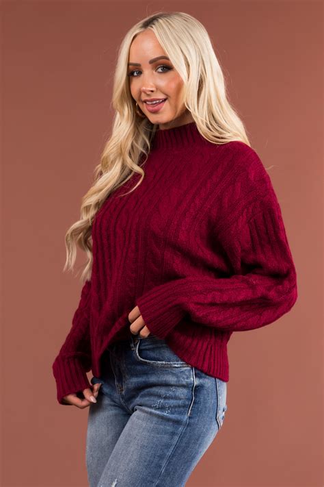 Maroon High Neck Cable Knit Sweater | Lime Lush Boutique