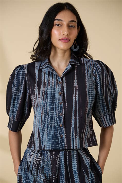 Amalfi Black Tie and Dye Pure Cotton Collared Top For Women Online ...