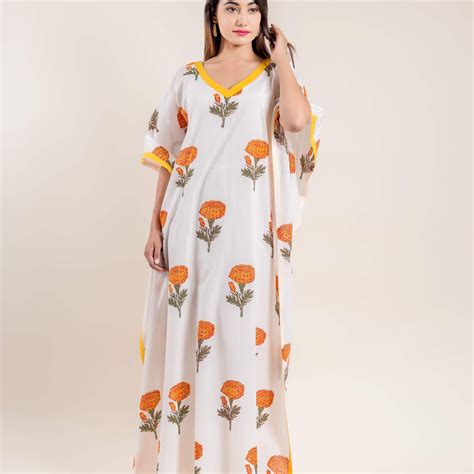 Yellow White Hand Block Printed V Neck Kaftan – MISSPRINT