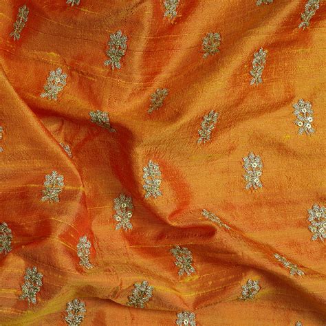 Buy (Pre-Cut 3.70 Mtr) Orange Color Embroidered Dupion Fabric 20597-370 ...