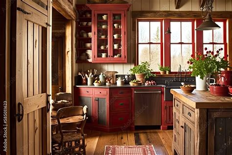 Image result for Primitive Red Color Kitchen Cabinets