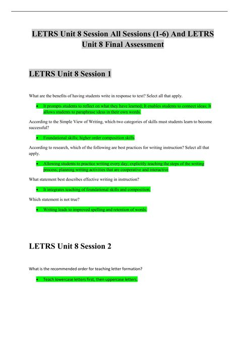 LETRS Unit 8 Session All Sessions 1-6 Completed And LETRS Unit 8 Final ...