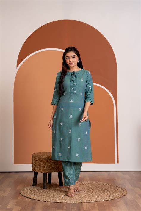 Mahikha - butterfly handwoven handloom cotton kurta set in sea blue co ...