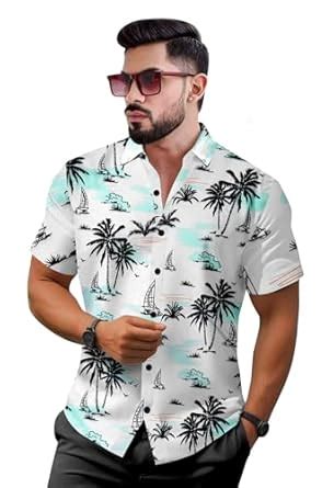 Men's Hawaiian Sailboat Print Beach Style Festival Branded Stretchable ...