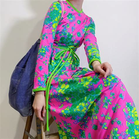 70s pink and green flower printed long dress | LEMON