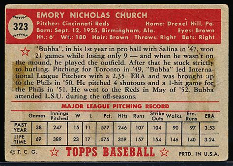 Lot Detail - 1952 Topps Baseball Hi#- #323 Bubba Church, Reds