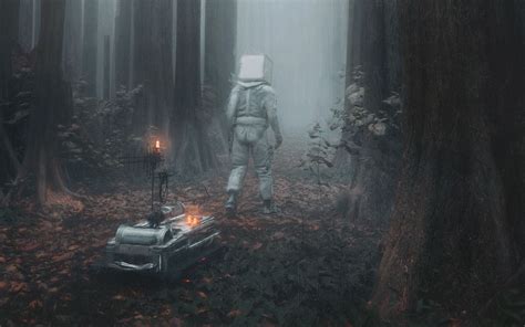 Download wallpaper 2560x1600 man, cube, robot, forest, fog, fantasy ...