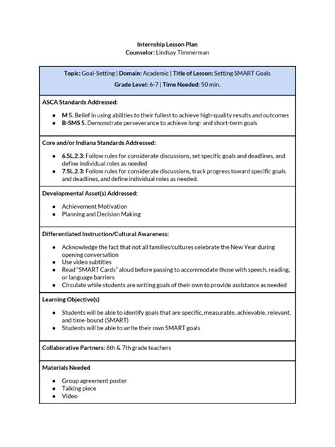Image result for Learning Goal Lesson Plan Example