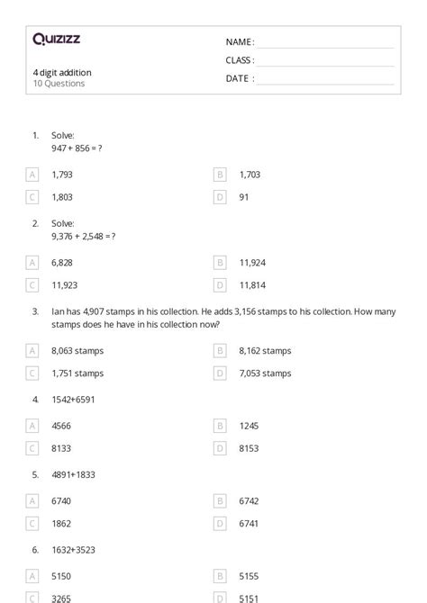 50+ Addition worksheets for 4th Class on Quizizz | Free & Printable