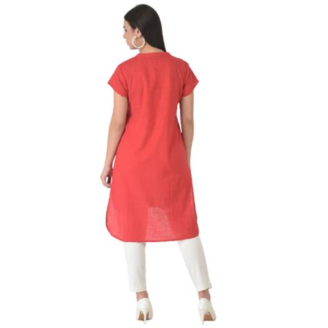 Red Mandarin Collar Shirt Style Longline Top – Veldress