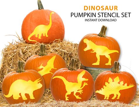Dinosaur Pumpkin Stencil Set, Dino Pumpkin Carving Stencil, Printable ...