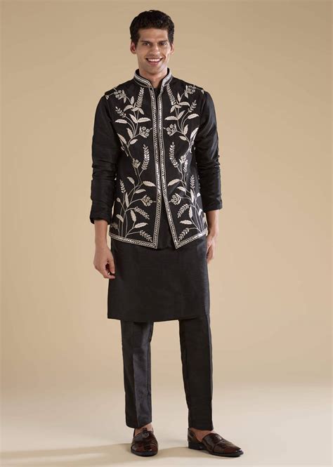 Buy Black Silk Mirror Work Mens Jacket Kurta and Pant Set | KALKI ...