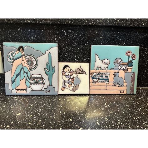 Cleo Teissedre 3 Hand Painted Ceramic Kiln Fired Tile, Trivets ...