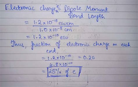 A diatomic molecule has a dipole moment of 1.2 d. If its bond distance ...