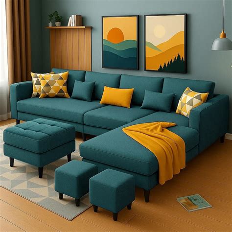 FURNY Mintona 8 Seater Fabric RHS L Shape Sofa Set with 1 Centre Table ...