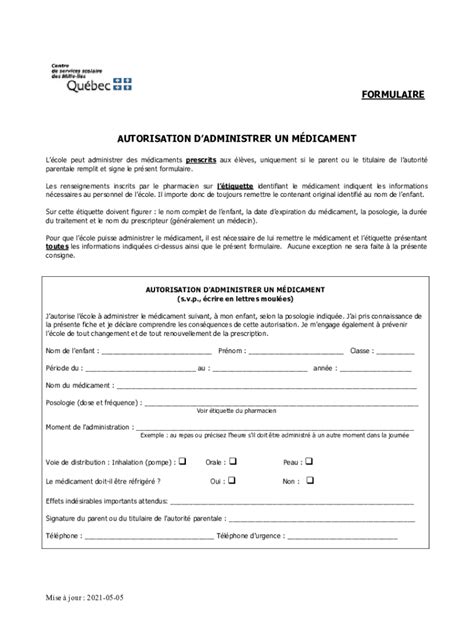 AUTORISATION D’ADMINISTRER UN MÉDICAMENT - Modèle vierge à remplir ...