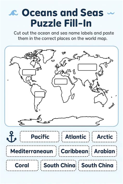 Oceans and Seas Puzzle Fill-In Worksheet - Download & Print Now!
