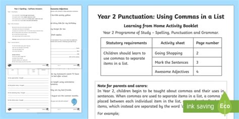 Year 2 Punctuation: Commas in a List Activity Booklet - Yr 2