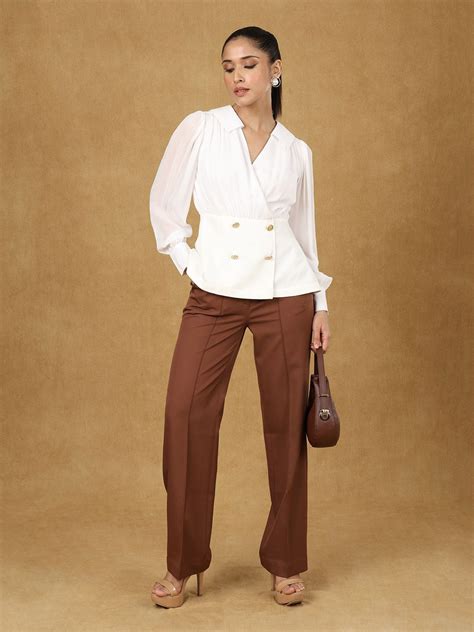 Women Shirt Collar Cuffed Sleeves Peplum Top