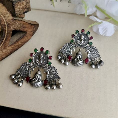 Ganesh Ji Silver Oxidized Studs Earrings – The Fiona Store