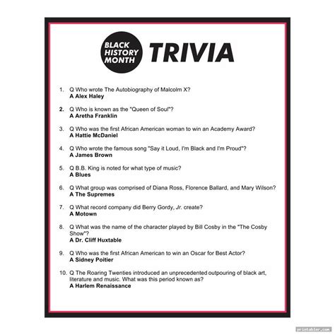 Black History Trivia Questions And Answers Printable